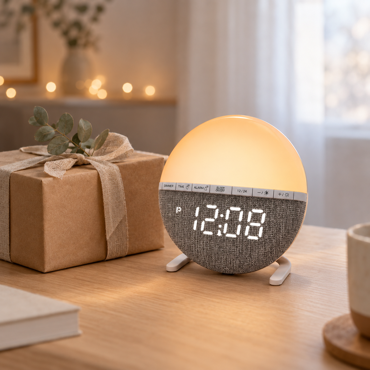Hakumei allumé à côté d'un paquet cadeau en papier kraft noué d'un ruban de lin