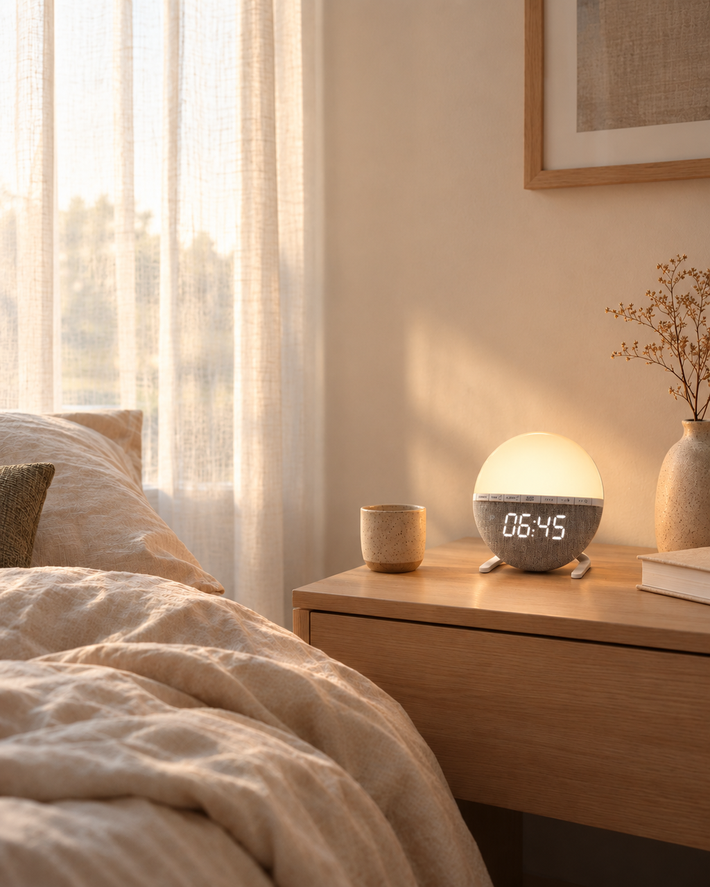 La même chambre à l'aube : lumière chaude et dorée, Hakumei affiche 06:45 sur la table de chevet