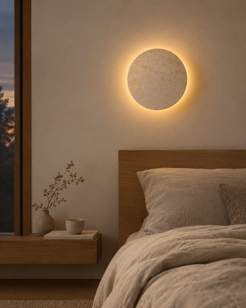 Applique disque Ishi en travertin allumée au-dessus d'un lit en lin, halo de lumière chaude sur le mur