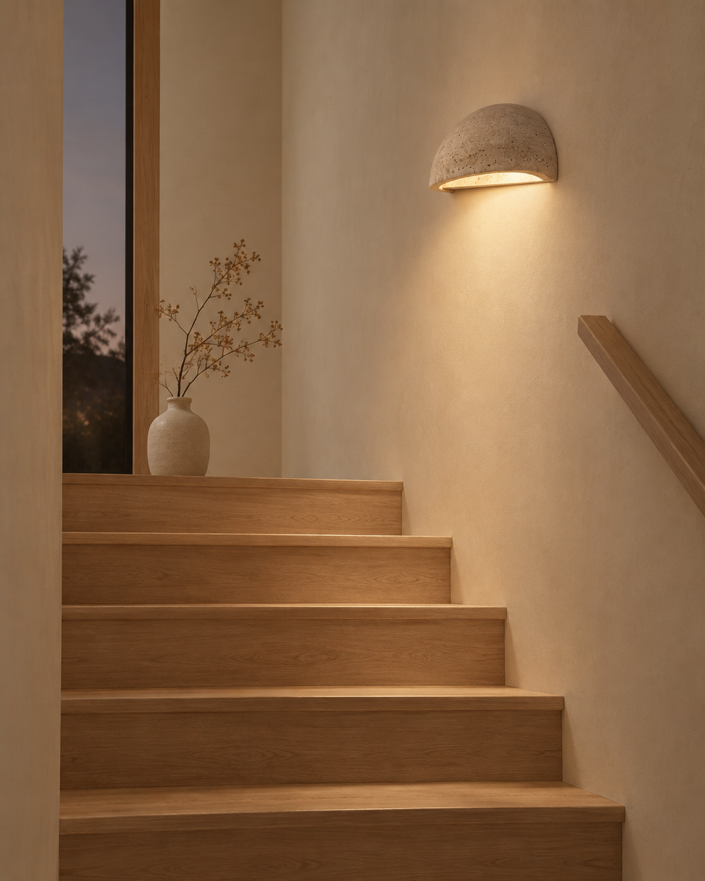 Applique demi-lune Ishi allumée dans une cage d'escalier en bois clair, le soir