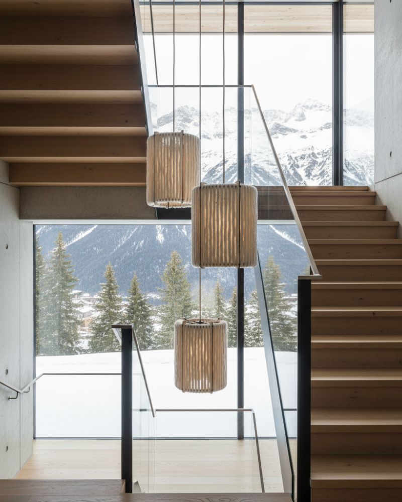 Trois suspensions Nukumori dans une cage d'escalier, face aux montagnes enneigées