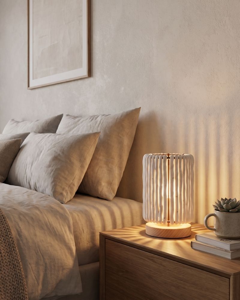 Lampe cylindre Nukumori allumée sur une table de chevet, à côté d'un lit en lin