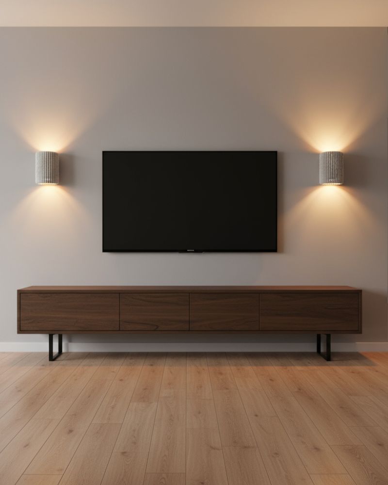 Deux appliques Nukumori allumées de part et d'autre d'un meuble TV