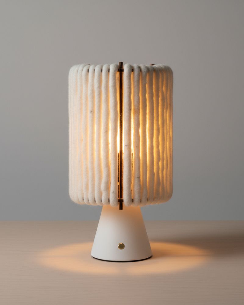 Lampe sans fil Nukumori allumée, lumière chaude sous l'abat-jour en laine