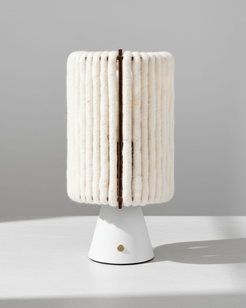 Lampe sans fil Nukumori, abat-jour en laine sur base conique blanche, éteinte, sur fond clair